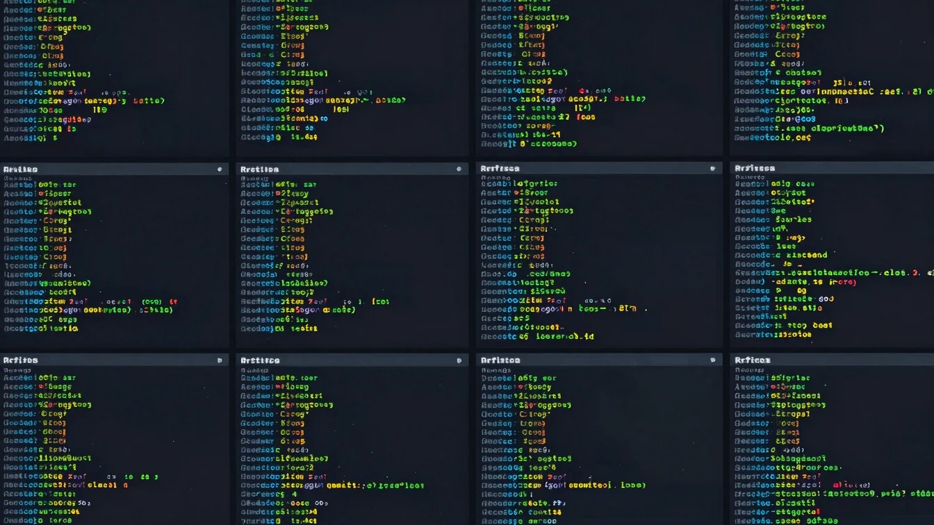 Digital database grid showing code syntax and metadata chips on d