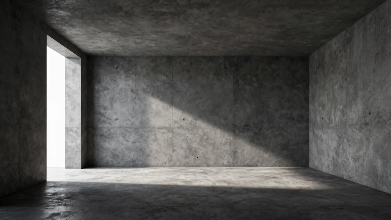 Architectural render of minimalist concrete interior with dramati