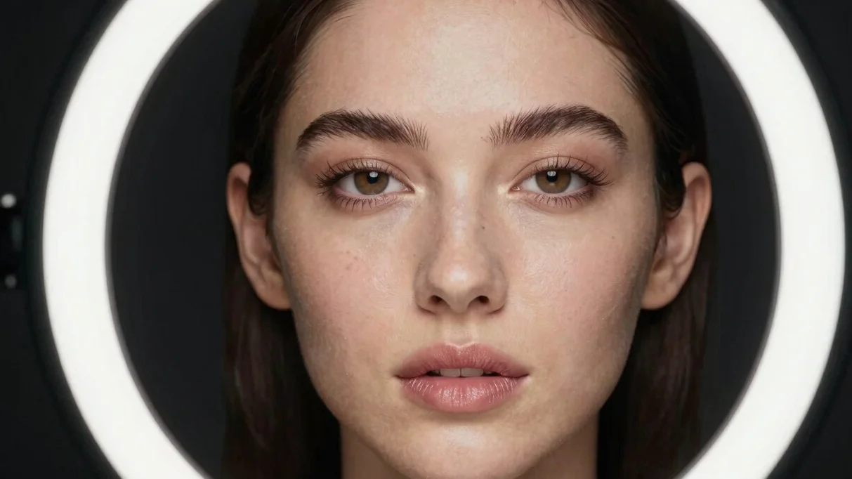 Close-up cinematic beauty portrait, flawless skin texture, studio