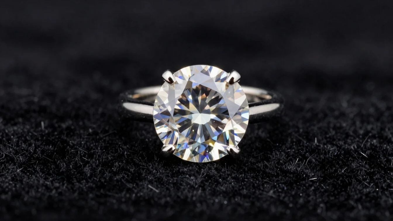 Macro studio shot of a diamond ring on black velvet, sharp gemsto