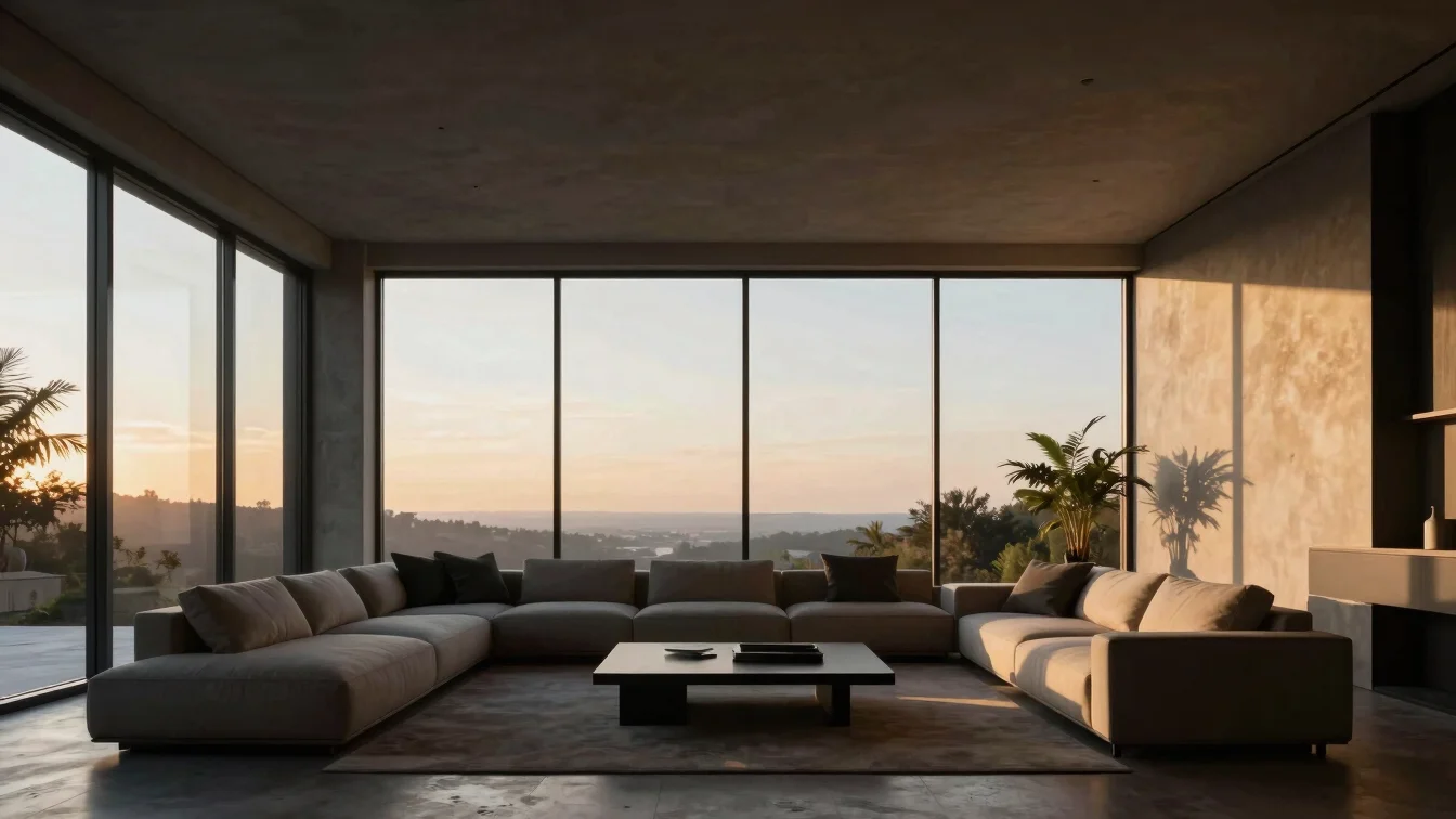 Modern minimalist living room interior, floor-to-ceiling windows,