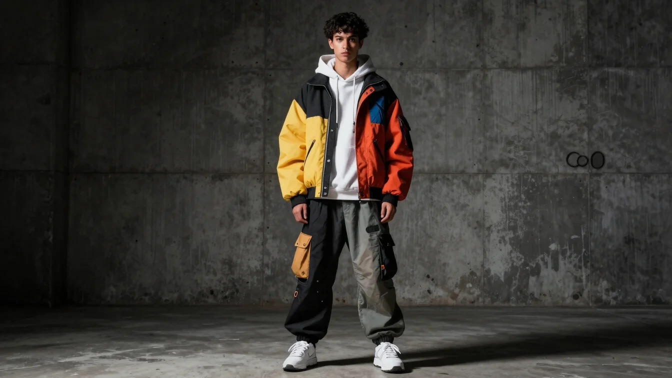 High fashion editorial model wearing avant-garde streetwear, urba