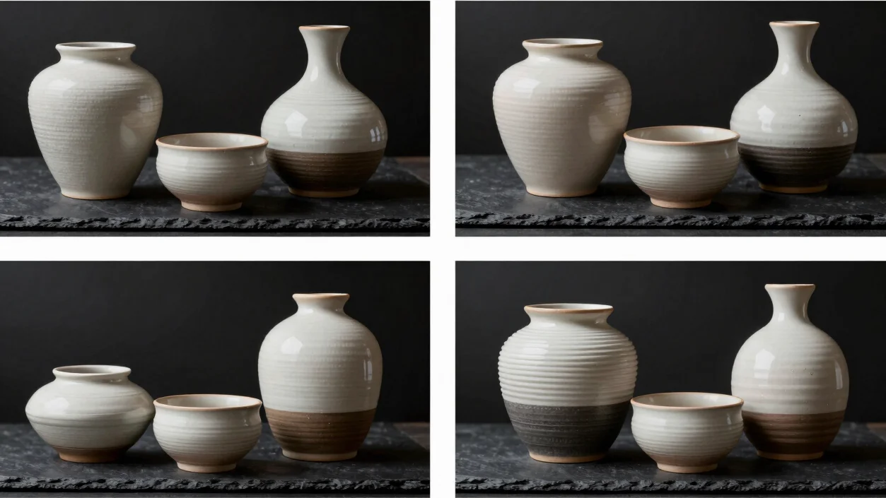 High contrast studio product render of ceramic vessels on dark sl